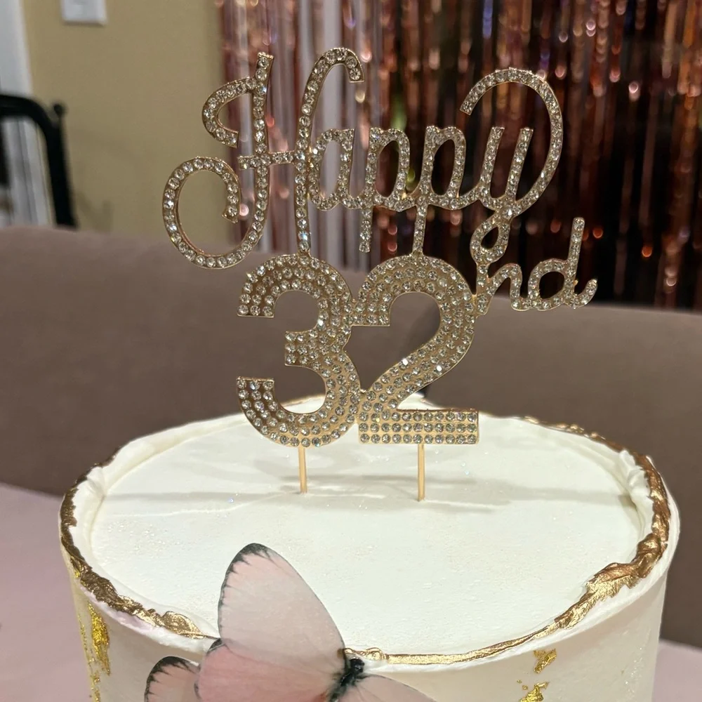 Gold rhinestone 'Happy 32nd' Cake Topper